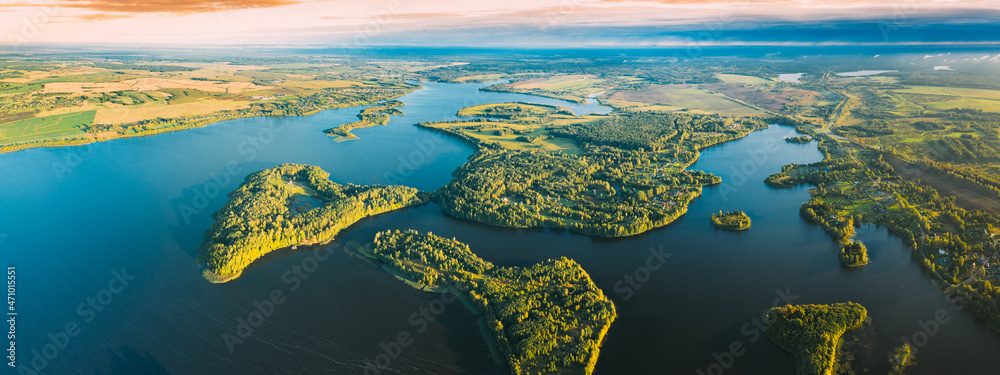 Lyepyel, Lepel Lake, Beloozerny District, Vitebsk Region. Aerial View Of Lyepyel Cityscape Skyline In Autumn Morning. Morning Fog Above Lepel Lake. Top View Of European Nature From High Attitude In