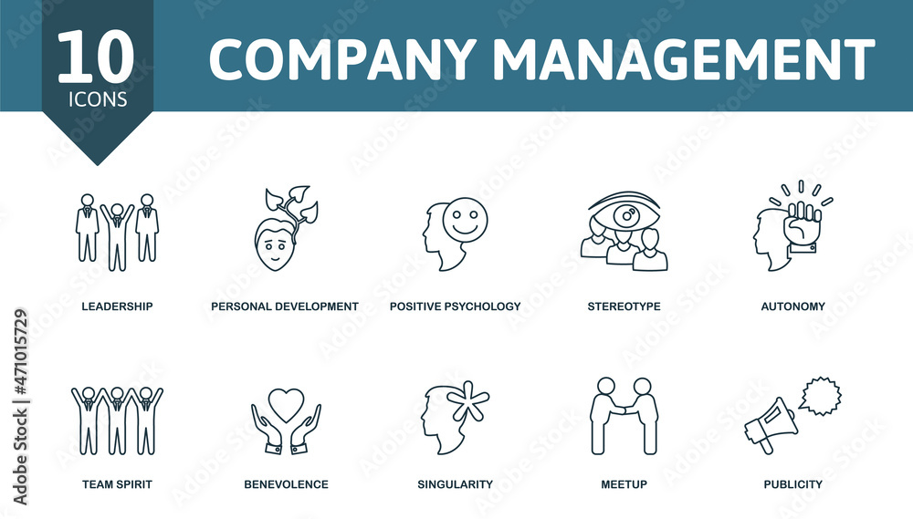 Company Management icon set. Collection of simple elements such as the leadership, personal development, positive psychology, stereotype, meetup, benevolence, publicity.