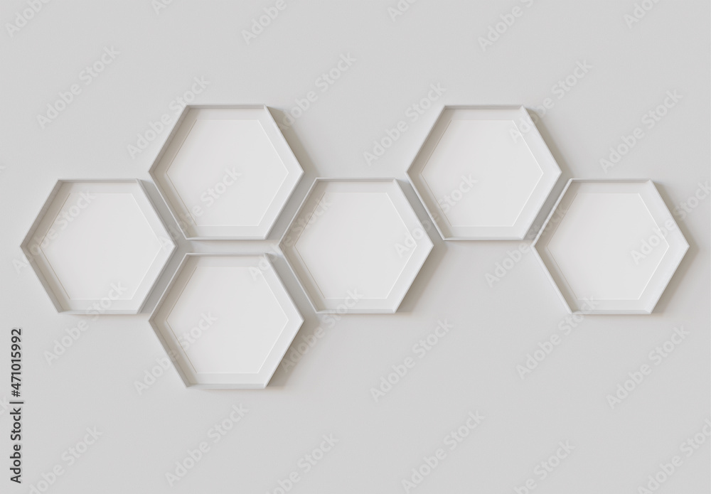 White hexagon blank photo frames mockup hanging on interior wall. Hexagonal pictures on painted surface. 3D rendering White hexagon blank photo frames mockup hanging on interior wall. Hexagonal pictures on painted surface. 3D rendering
