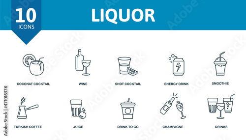 Liquor icon set. Collection of simple elements such as the water, whiskey, coconat cocktail, wine, energy drink, turkish coffee, drink to go.