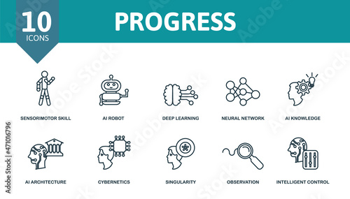 Progress icon set. Collection of simple elements such as the evolution, big data, sensorimotor skill, ai robot, neural network, ai architecture, singularity. photo