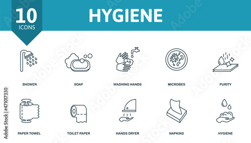 Hygiene icon set. Collection of simple elements such as the shower, soap, washing hands, microbes, napkins, toilet paper, hygiene.