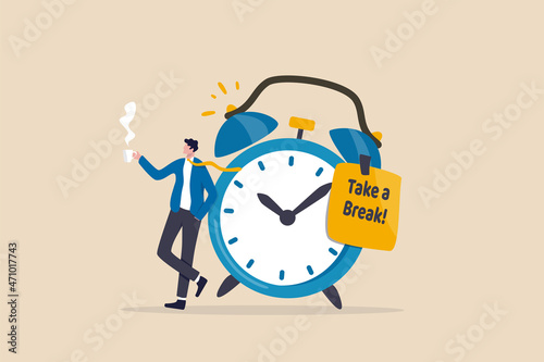 Time to take a break, coffee break time to relax and refresh from long stress interval, free from bored, sleepy and fatigue concept, relax businessman with a cup of coffee or tea with alarm clock. photo