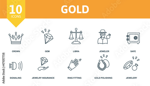 Gold icon set. Collection of simple elements such as the engagement rings, silver cutlery, crown, gem, jeweler, signaling, ring fitting.