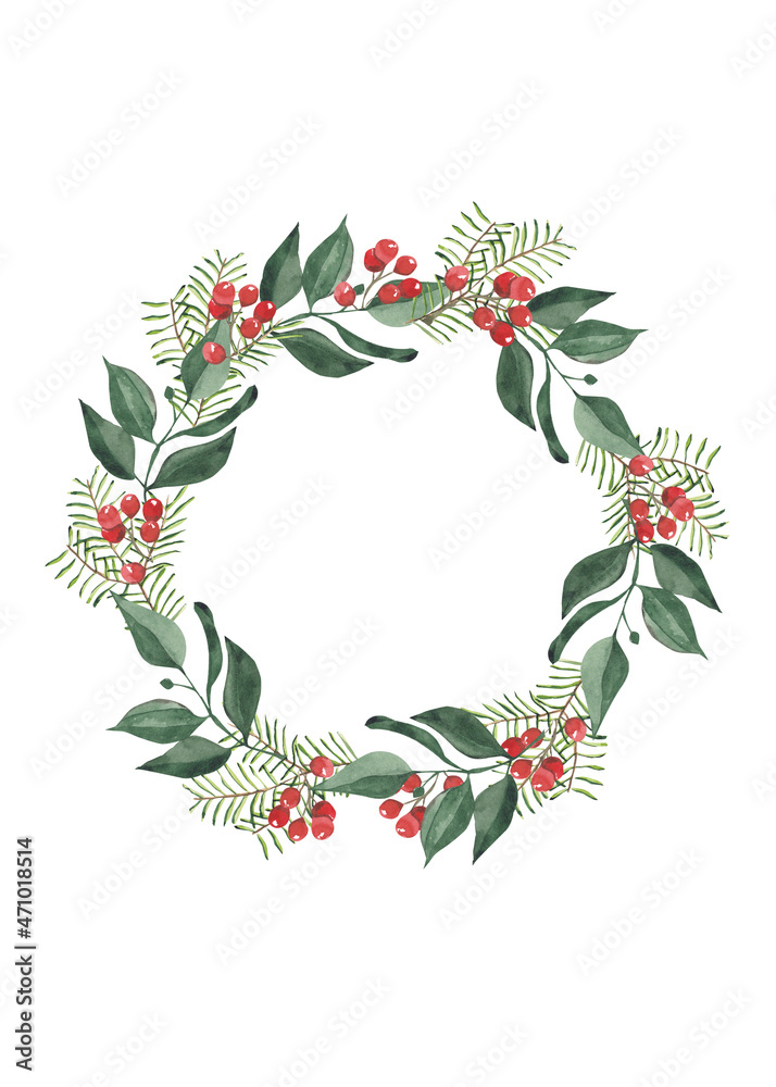 Naklejka premium Watercolor Christmas wreath with greenery and red berries on white background