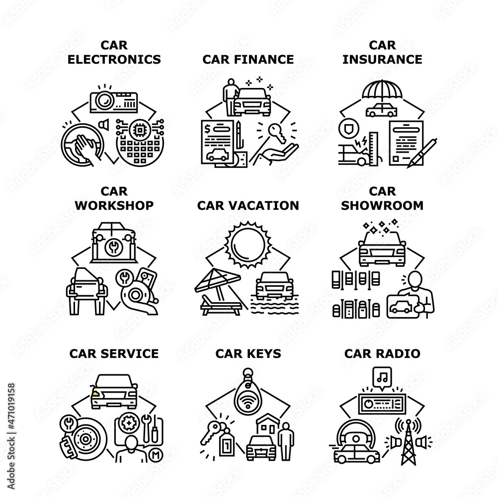 Car Electronics Set Icons Vector Illustrations. Car Electronics And Radio Music Audio Equipment, Finance And Insurance, Service Workshop And Showroom, Vacation And Automobile Keys Black Illustration