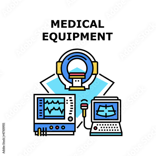 Medicine Equipment Vector Icon Concept. Mri, Ultrasound And Heartbeat Measuring Medicine Equipment. Patient Health Examining Hospital Electronic Device And Computer Color Illustration