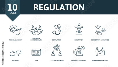 Regulation icon set. Collection of simple elements such as the interaction, respond to customers, risk management, corporate responsibility, reputation, criticism, lead management.