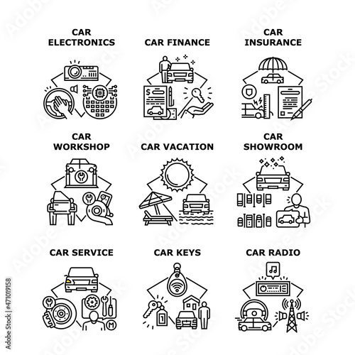 Car Electronics Set Icons Vector Illustrations. Car Electronics And Radio Music Audio Equipment, Finance And Insurance, Service Workshop And Showroom, Vacation And Automobile Keys Black Illustration