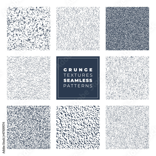 Abstract noise vector seamless patterns set. Grain grunge black white repeat flecked texture. No signal TV screen pattern. Marble noise background with dots, spots, stain. Textured paper overlay print