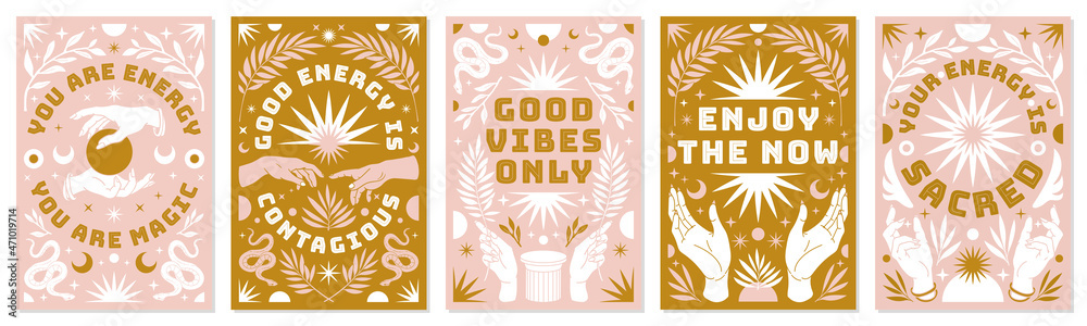 Boho mystical posters with inspirational quotes about energy, magic and good vibes in trendy bohemian style. - obrazy, fototapety, plakaty 