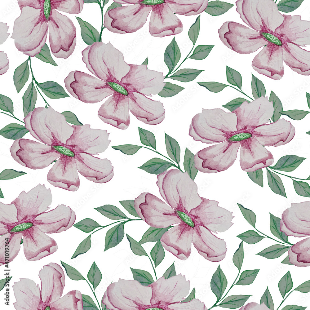 pink watercolor flowers and a green twig blooming in summer and spring pattern.seamless