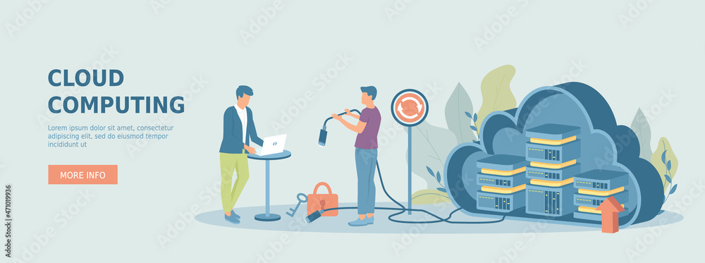 Cloud computing. Cloud storage service, networking, data processing. Promotional web banner. Cartoon flat vector illustration with people characters.