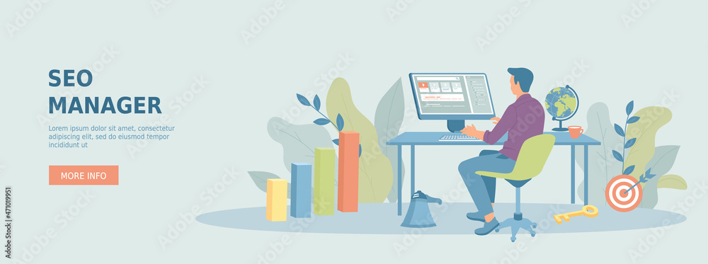 SEO manager, site analytics specialist. Search 
engine optimisation for website, seo ranking, optimization marketing. Promotional web banner. Cartoon flat vector illustration with people characters.