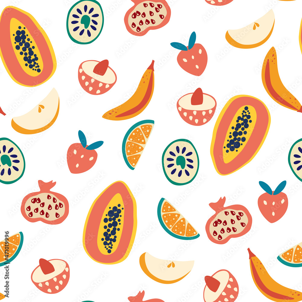 Tropical fruit seamless pattern. Papaya, lychee, banana, lemon, kiwi, pomegranate and strawberry. Modern exotic design for paper, cover, fabric, interior decor and other users. Vector illustration.
