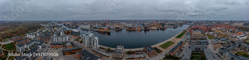 Drone panorama over Copenhagen harbor during daytime