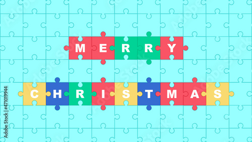 The word merry christmas on connected jigsaw puzzle pieces. Freely arranged alphabet. Vector illustration.