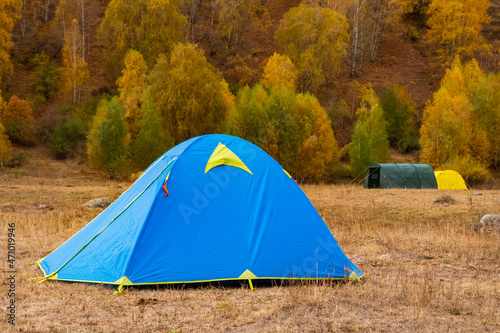 Blue tent near mountain river with colorful forest on background.