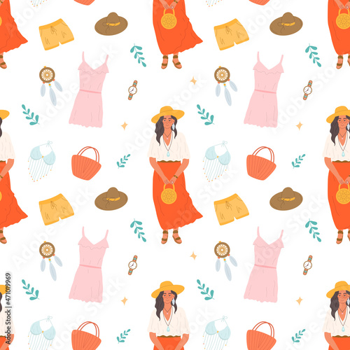 Set boho outfits clothes, girl in skirt with hat and handbag, pink dress, shorts, top, watch, dreamcatcher, vector seamless pattern flat style
