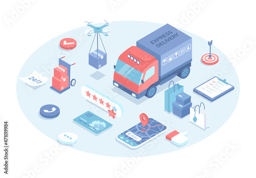 Delivery service. Check and track the delivery shipment of goods to the customers. Delivery truck, drone, mobile app, parcels. Vector illustration in 3d design. Isometric web banner.