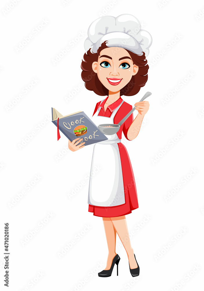 Chef woman holding cook book. Cook lady Chef woman holding cook book. Cook lady