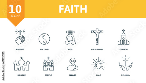 Faith icon set. Collection of simple elements such as the judaism, bible, raining, yin yang, crucifixion, mosque, monk.