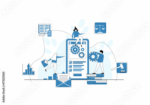 Concept Law, Justice. Legal service, services of a lawyer, notary. Men against the backdrop of the city discuss legal issues, a woman works on a laptop. Vector flat illustration on a white background.