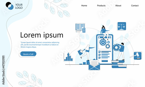 Legal advice banner. Online assistance of lawyer for regulation legal issues for compliance to rules. Vector landing page of advocate services with illustration of scales and phone call.