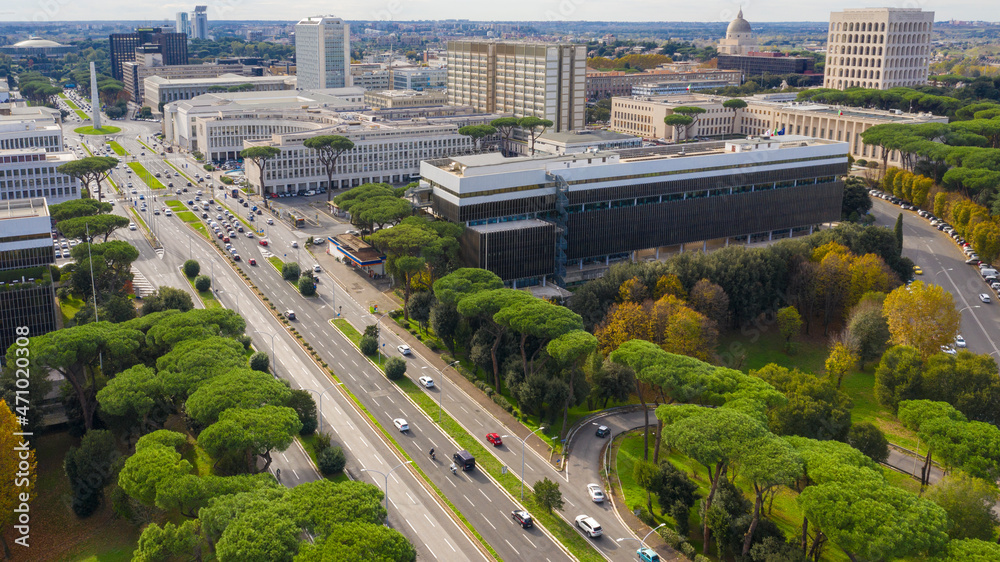 Aerial view of Eur district from Via Cristoforo Colombo in Rome, Italy. The street connects the southern suburbs to the city center. - obrazy, fototapety, plakaty 