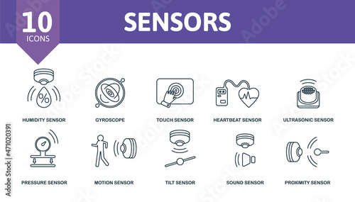 Sensor icon set. Collection of simple elements such as the water quality sensor, water sensor, humidity sensor, gyroscope, heartbeat sensor, pressure sensor, tilt sensor.