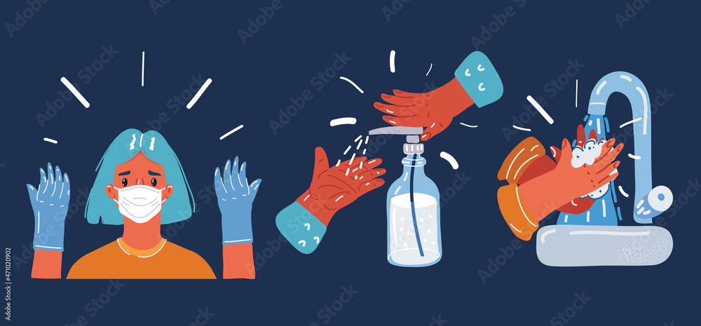 Vector illustration of face mask, rubber glove, sanitizer and washing hands. Health Prevention Kit
