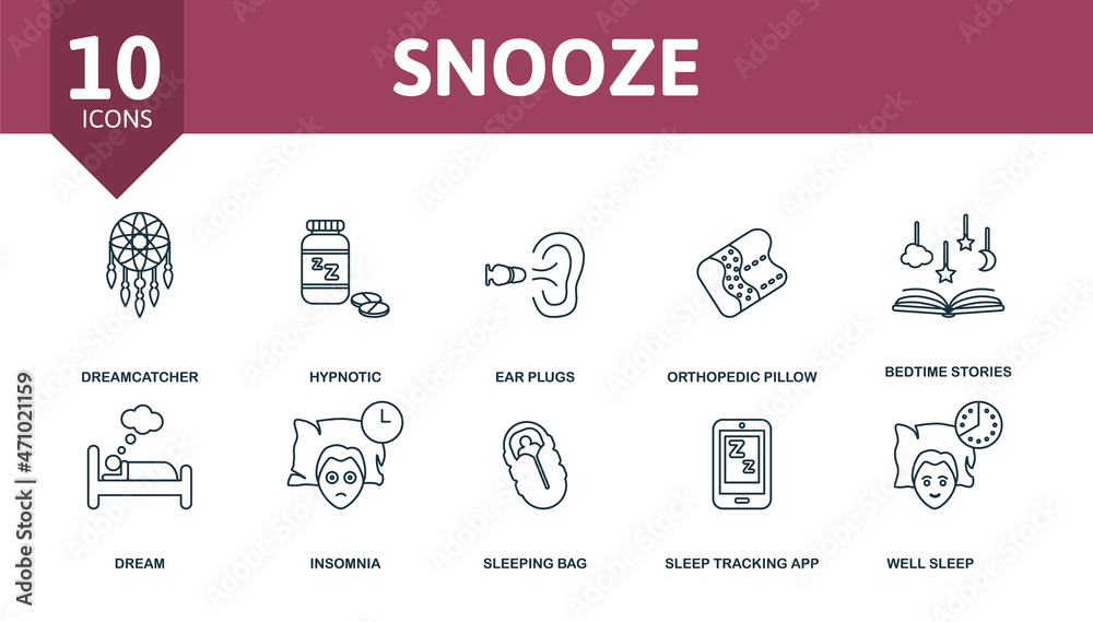 Snooze icon set. Collection of simple elements such as the alarm clock, night light, dreamcatcher, hypnotic, orthopedic pillow, dream, sleeping bag.