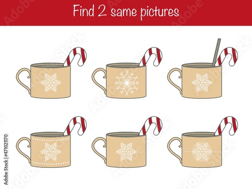 Find the same pictures - children educational game with cute winter mugs with candy cones. Vector illustration