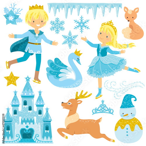 Winter Fairytale clipart set with ice castle, princess, prince and animals