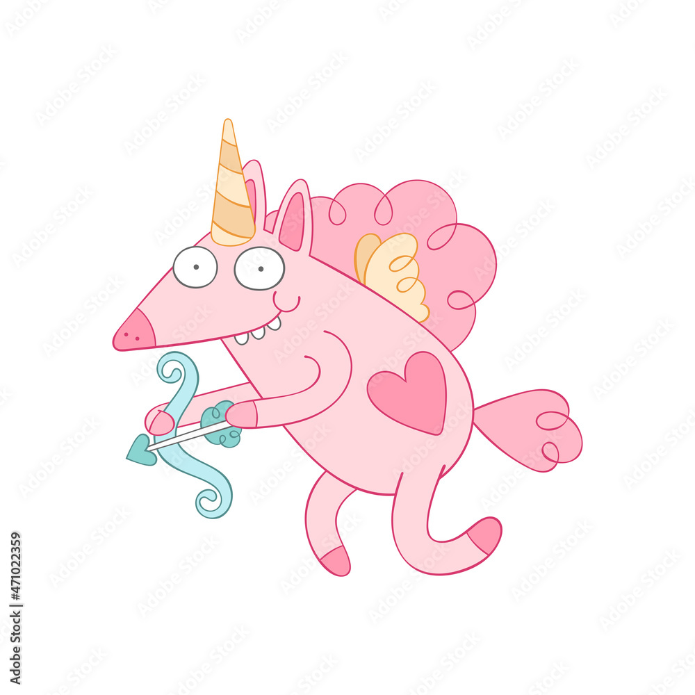Unicorn - cupid. Isolated vector object on white background. Valentine's day art. 