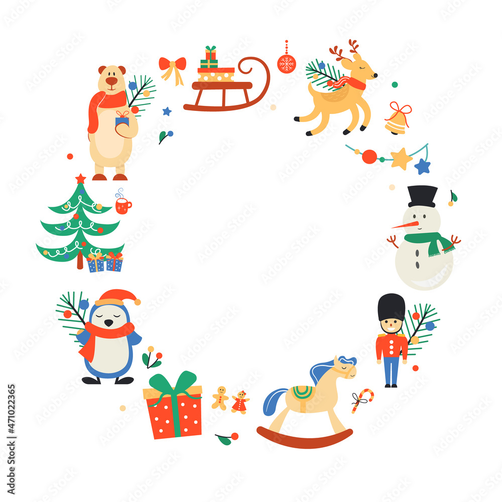 Christmas wreath with funny characters and New Year's elements. Vector illustration.