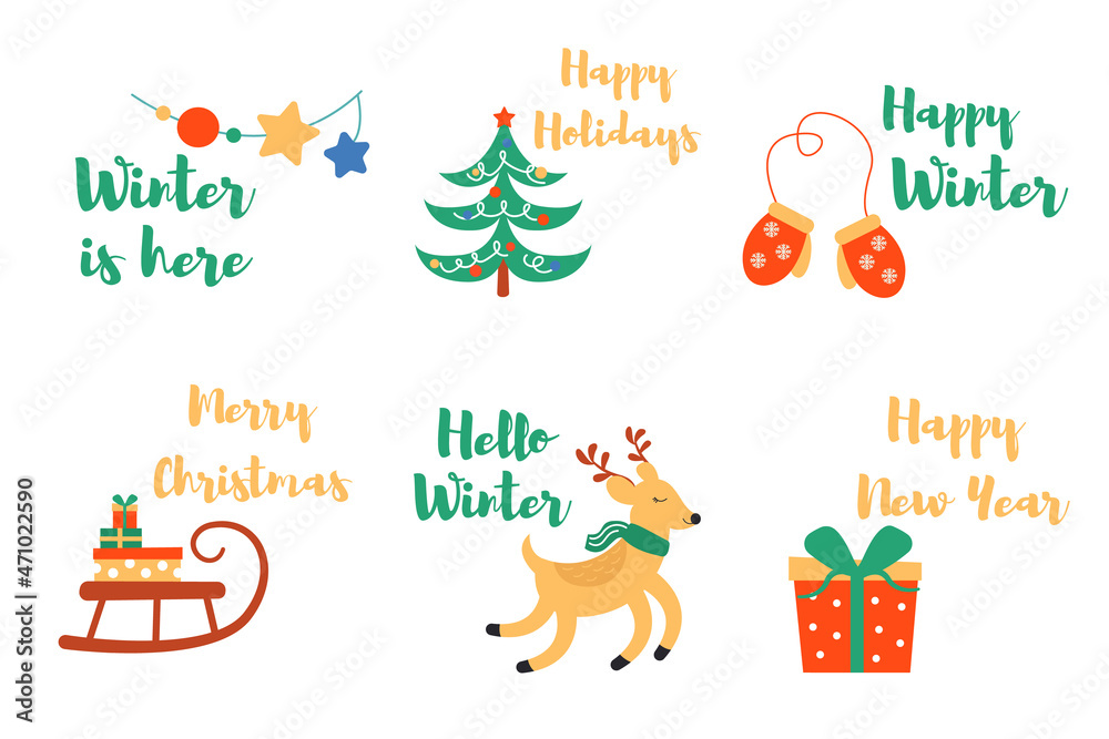 Set of New Year and Christmas elements with lettering. Perfect for product design, stickers, decor. Vector illustration.