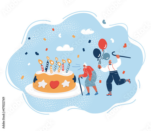 Vector illustration of elderly people celebrate birthday