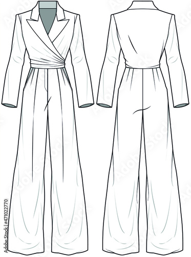 Women Notch Collar Weight Leg Jumpsuit, Peak Lapel Collar Jumpsuit Front and Back View. Fashion Illustration, Vector, CAD, Technical Drawing, Flat Drawing.	