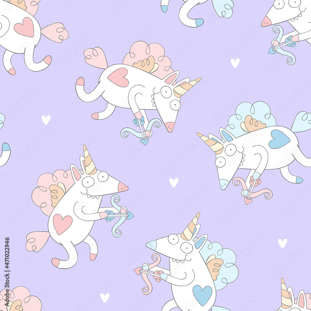 Unicorn - cupid. Seamless vector pattern (background). Valentine's day print. Unicorn - cupid. Seamless vector pattern (background). Valentine's day print.