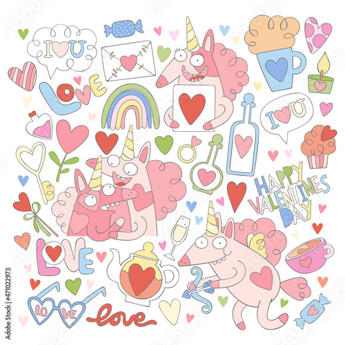 Valentine's day set. Cute loving unicorns. Love drink, champagne, wedding ring, hot drinks, rainbow, candy. Lettering. Isolated vector objects on a white background. 