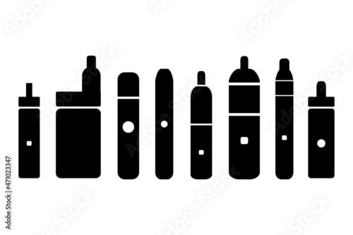 Electronic cigarettes of different shapes and sizes isolated on white background. Vector black icons. Minimalistic style. Cigarettes and steam generators. Bad habit. Fashionable vape device. 