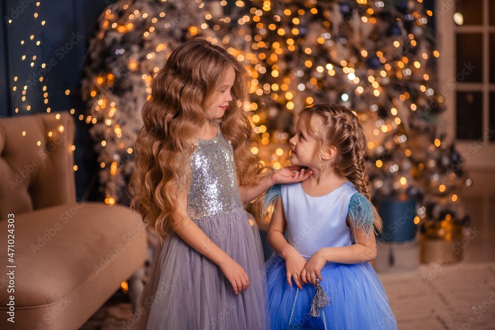 two elegant girls in beautiful dresses give each other a gift against the background of a Christmas tree with lights two elegant girls in beautiful dresses give each other a gift against the background of a Christmas tree with lights