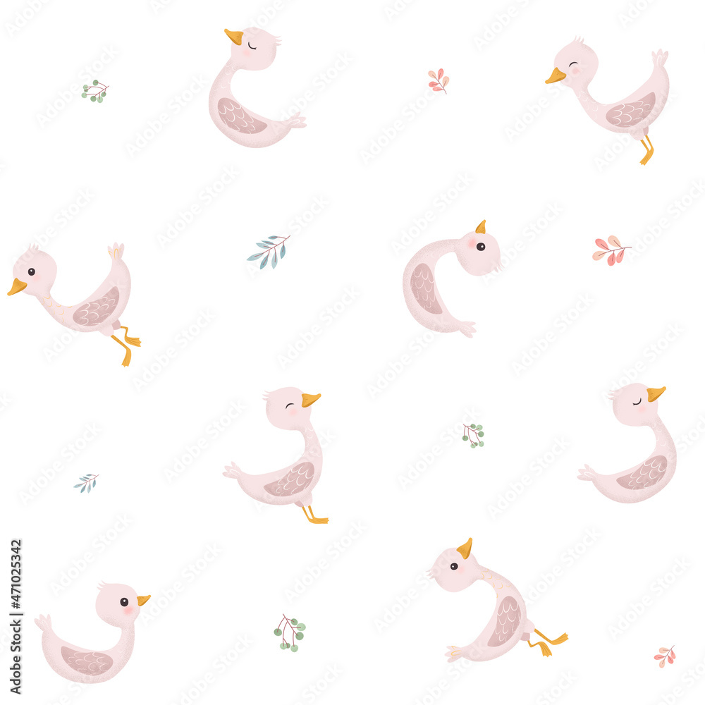 Pink little duck. Sweet duckling in a pattern on white background. Cute vector illustration in simple hand-drawn cartoon style. Cute cartoon little goose. Character bird with texture.
Pink little duck. Sweet duckling in a pattern on white background. Cute vector illustration in simple hand-drawn cartoon style. Cute cartoon little goose. Character bird with texture.