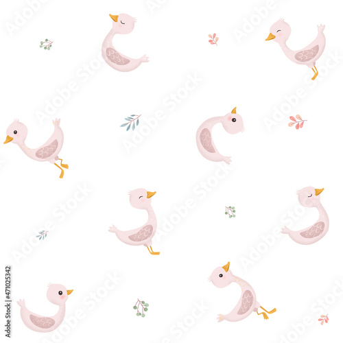 Pink little duck. Sweet duckling in a pattern on white background. Cute vector illustration in simple hand-drawn cartoon style. Cute cartoon little goose. Character bird with texture.
