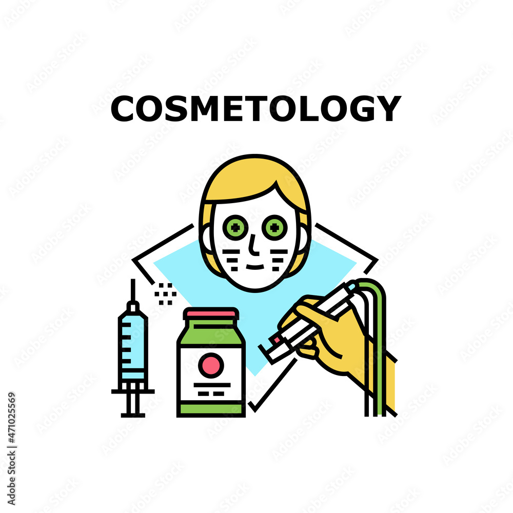 Cosmetology Vector Icon Concept. Laser Depilation, Botex Syringe And Facial Mask Cosmetology Spa Salon Treatment. Medical Or Beauty Service Therapy And Technology Color Illustration