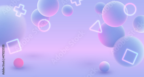 Banner with blue balls and pink, purple lights neon circle, square, cross, triangle on blue background. Vector illustration for postcard, banner, cards, web, design, advertising.