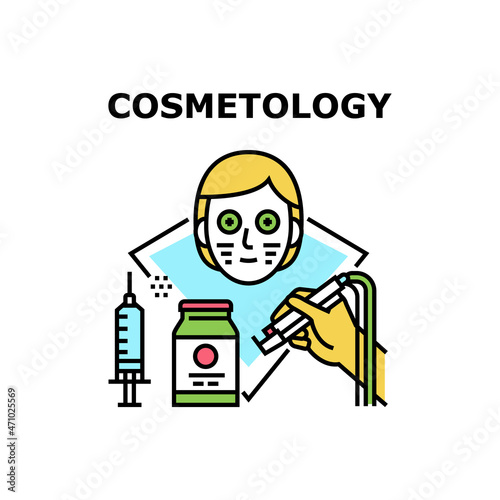 Cosmetology Vector Icon Concept. Laser Depilation, Botex Syringe And Facial Mask Cosmetology Spa Salon Treatment. Medical Or Beauty Service Therapy And Technology Color Illustration photo