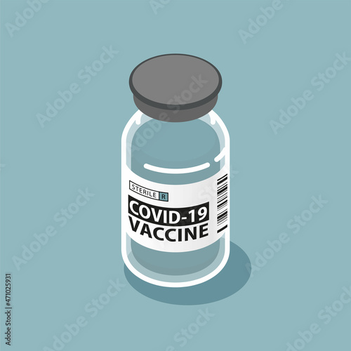 Covid-19 vaccine bottle 3d isometric vector illustration. Antivirus vaccine vial with liquid antigen medication cure isolated. Stop coronavirus disease, vaccination healthcare immunity concept.