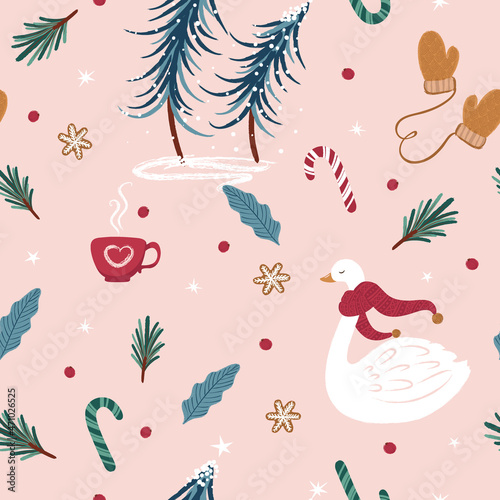 Merry Christmas with beautiful swan and Christmas clip arts  seamless pattern. Holiday cartoon vector. Happy new year background.